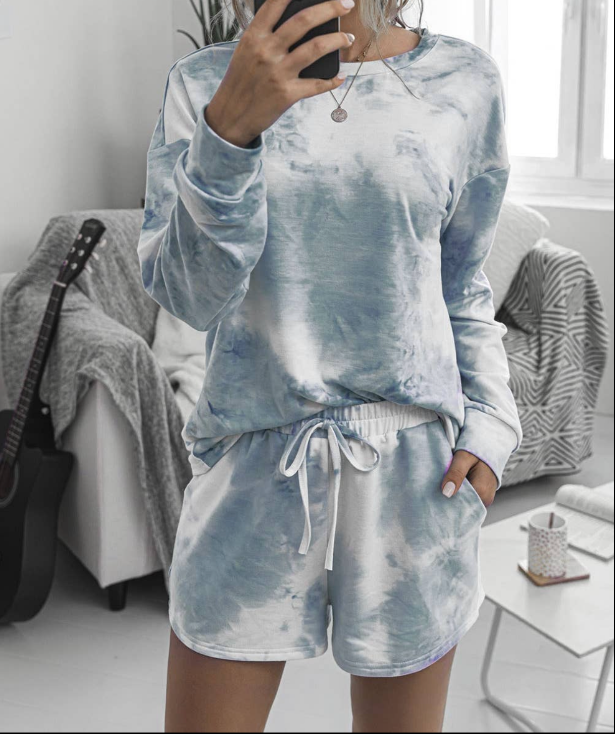 Blue Haze Tie Dye Long Sleeves T-shirt and Shorts Sets