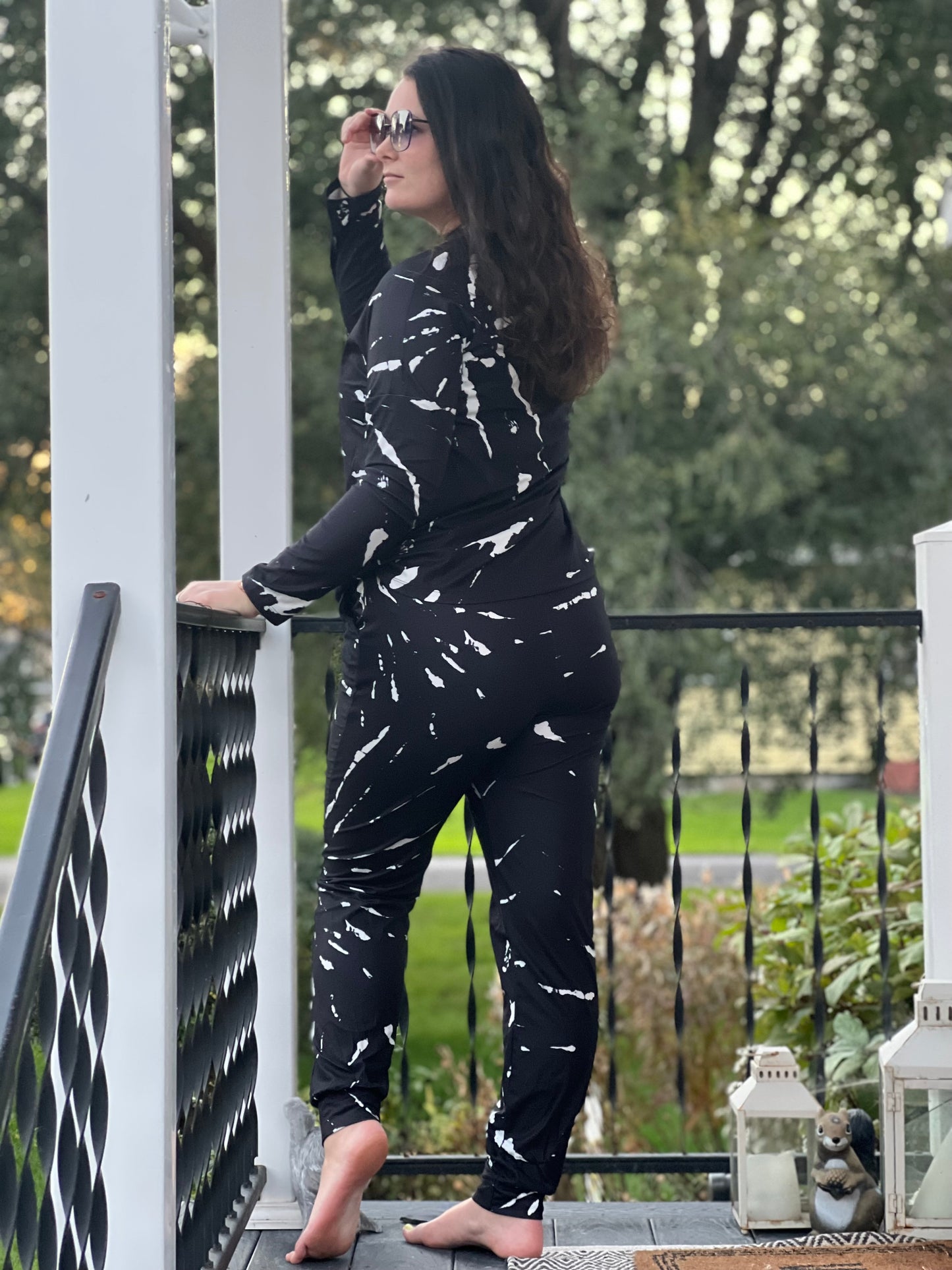 Black Marble Print Long Sleeve T & Jogger Set
