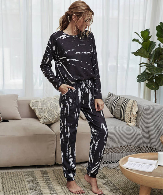 Black Marble Print Long Sleeve T & Jogger Set