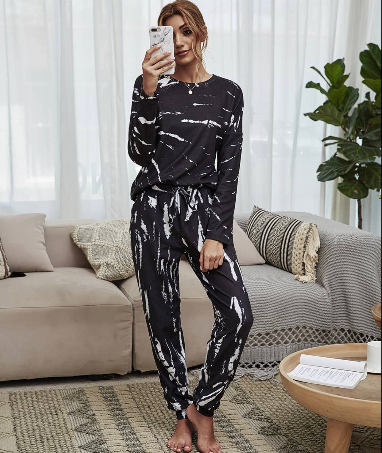 Black Marble Print Long Sleeve T & Jogger Set
