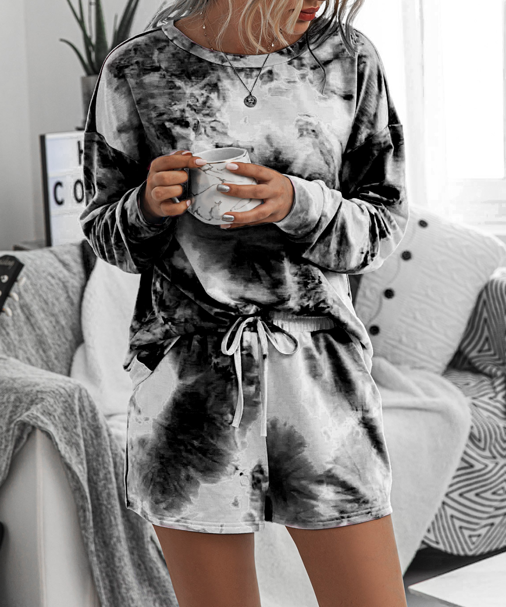 Black Tie Dye Long Sleeves T-shirt and Shorts Sets