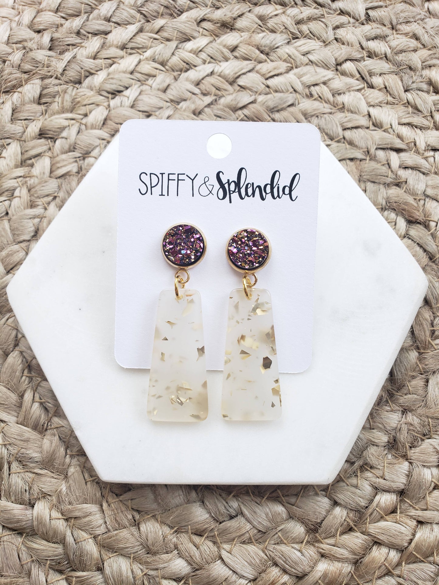 Gold Flake Acrylic Dangle Earrings + Druzy
